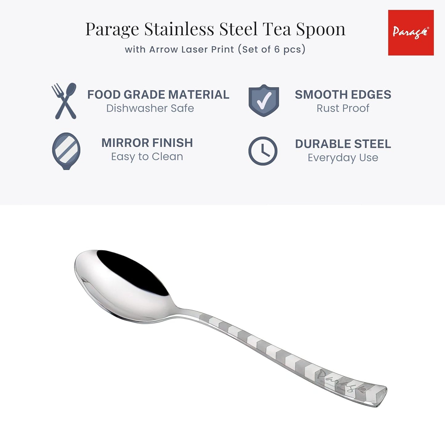Stainless Steel Tea Spoon Set of 6 | Arrow Design Small Spoons for Home & Kitchen | 14 cm, Silver