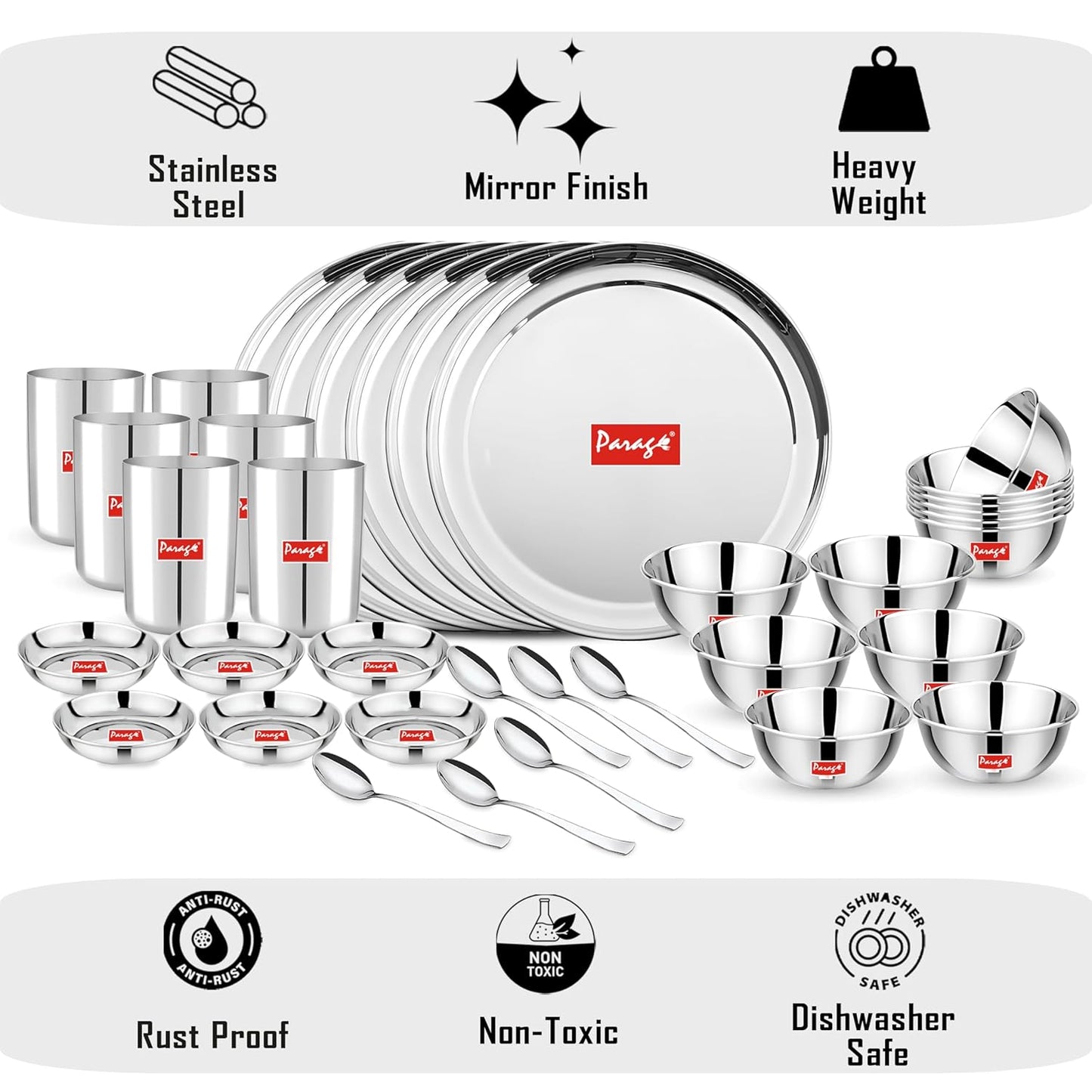 36pc Stainless Steel Dinner Set | Plates Bowls Glasses | Silver