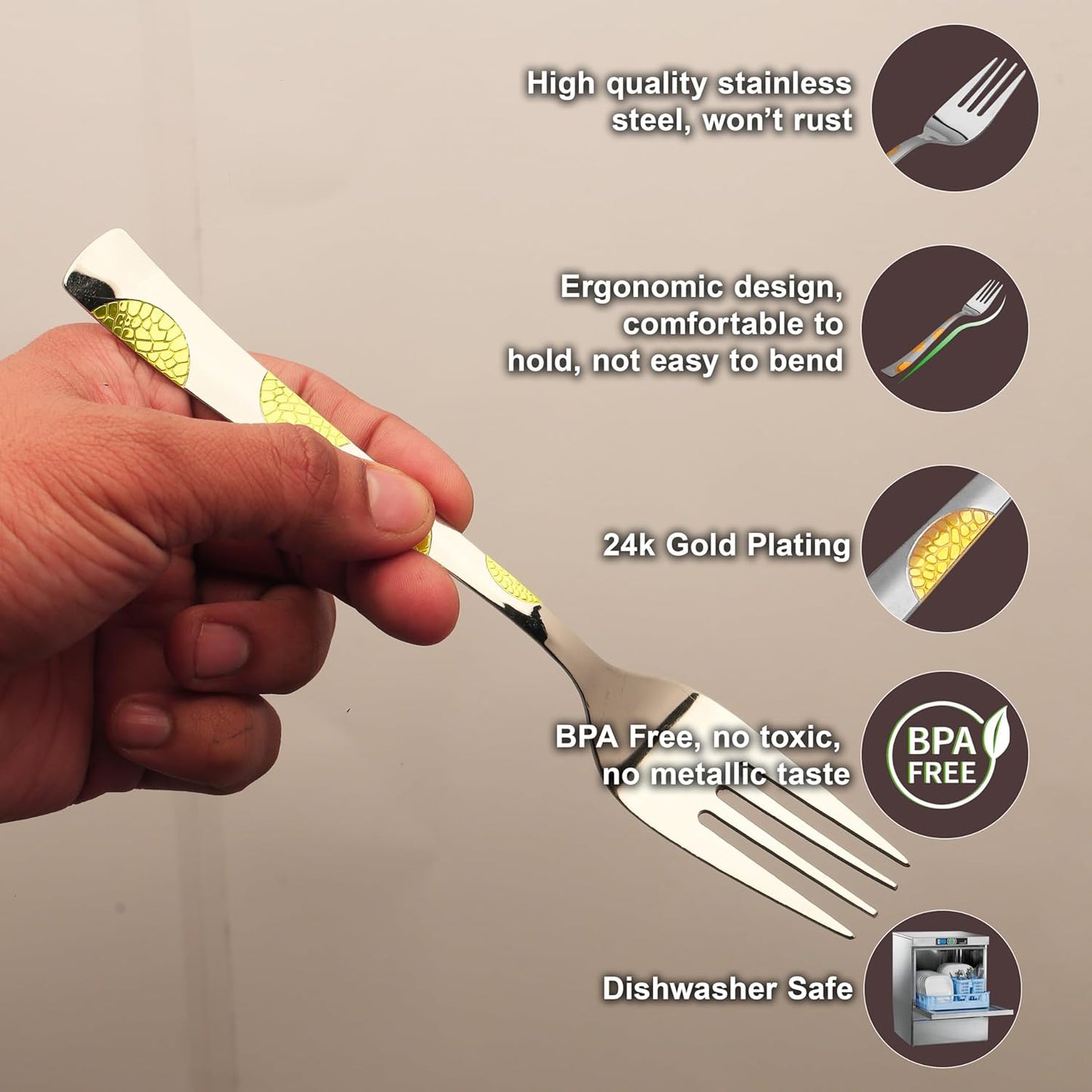 6 Pieces Stainless Steel 24K Golden Forks Set, Premium Luxury Dining Cutlery with Moonpress Design – Ideal Gift for Home & Kitchen