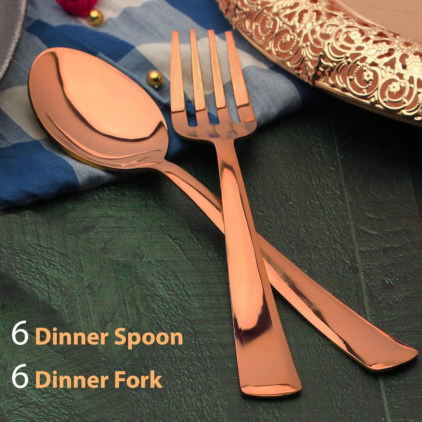 12 Pcs Stainless Steel Rose Gold Cutlery Set – 16cm, 6 Dinner Spoons & 6 Dinner Forks, Premium PVD Flatware for Home & Kitchen, Elegant Dining