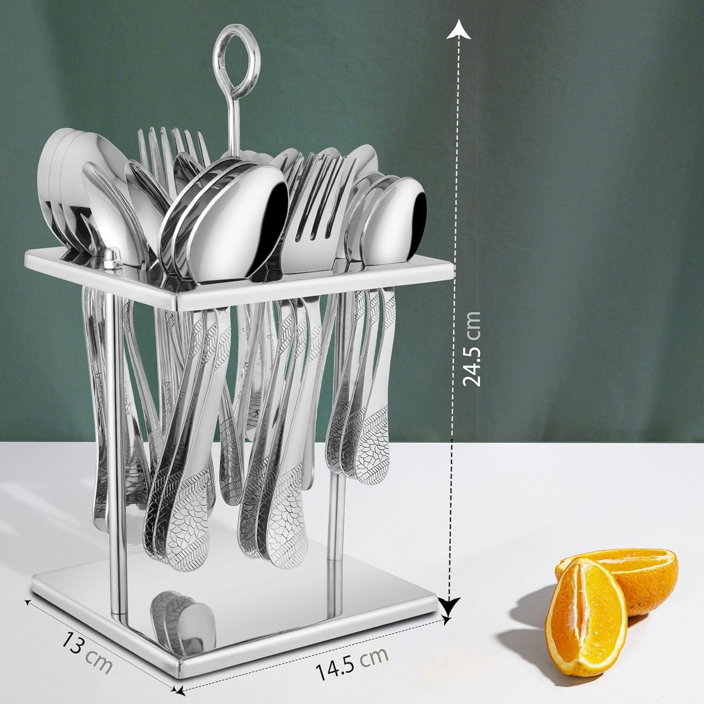 25 Pieces Premium Stainless Steel Cutlery Set – Includes 6 Tea Spoons, 6 Dinner Spoons, 6 Table Forks, 6 Table Spoons, 1 Stand, Perfect for Home & Gifting (Sapphire Imperial)
