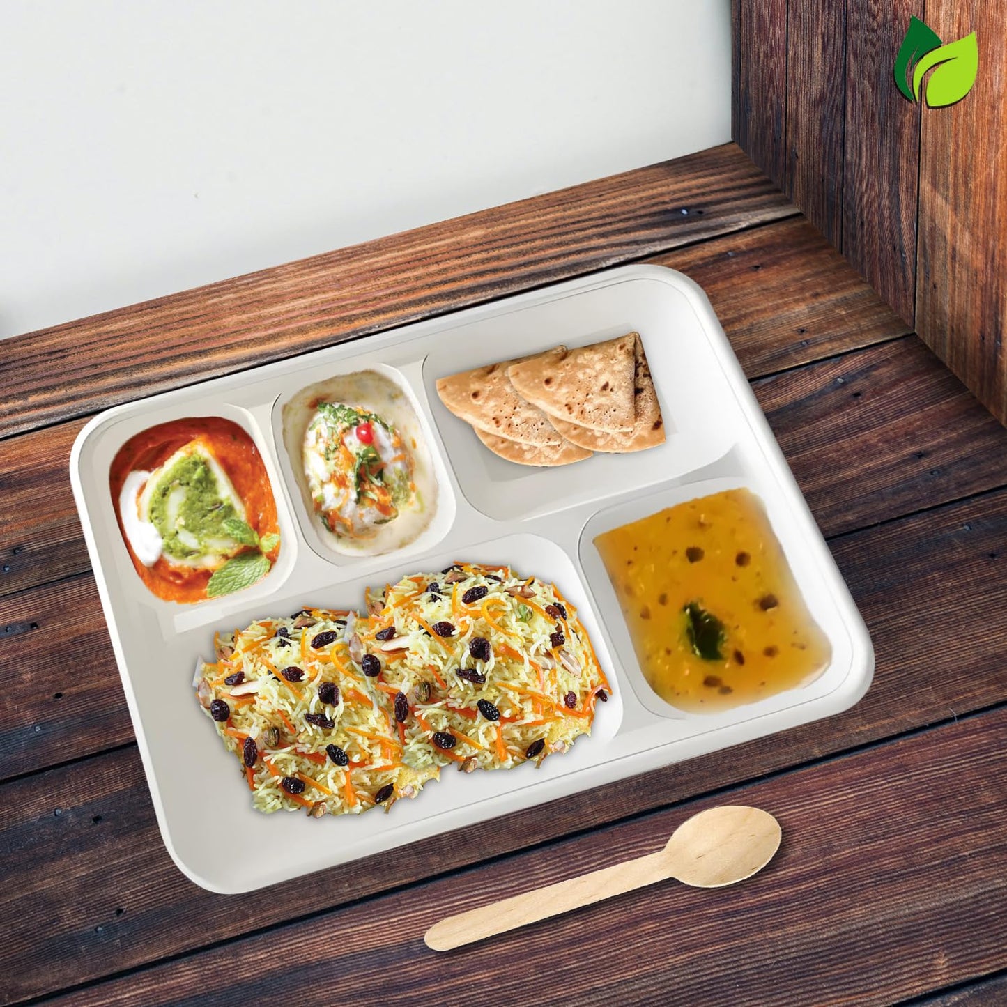 50pc 5-Compartment Bagasse Meal Trays | Eco-Friendly | White