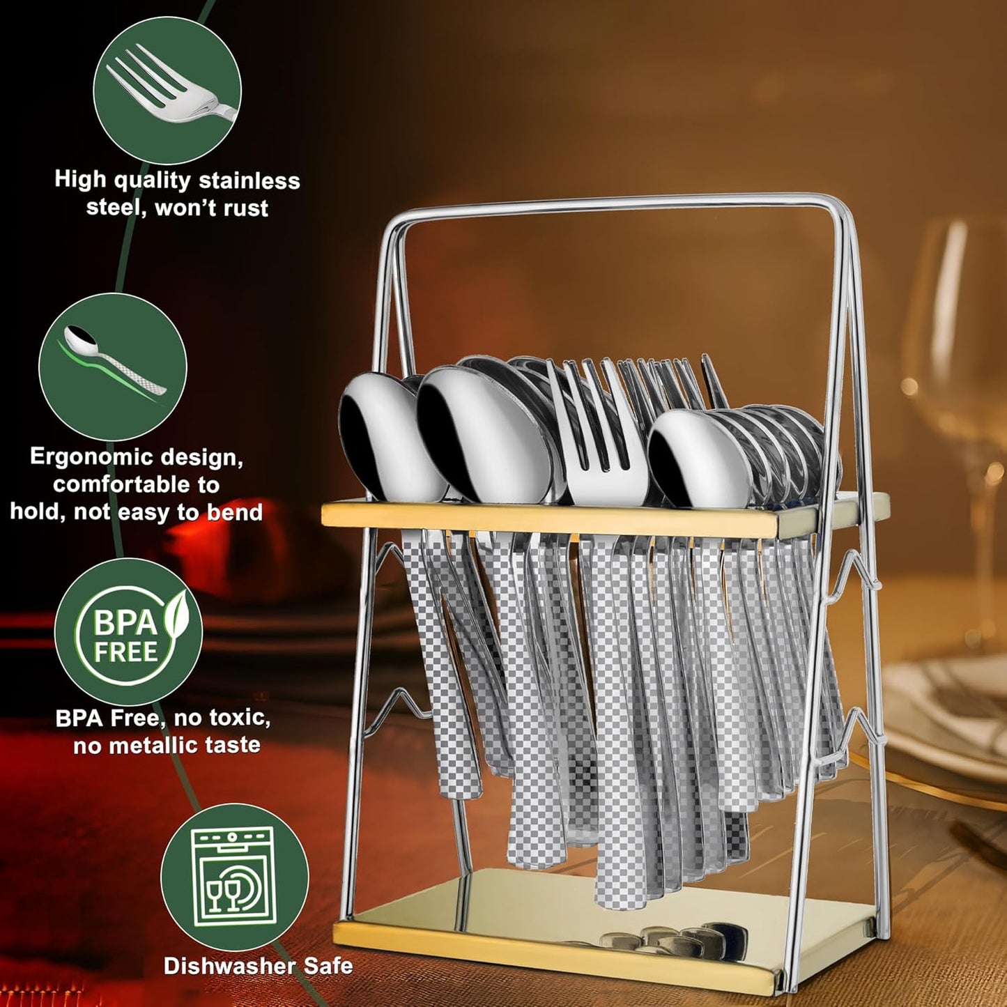 25 Pieces Regal Premium Stainless Steel Cutlery Set with Stand – Includes 6 Table Forks, 6 Table Spoons, 6 Dinner Spoons, 6 Tea Spoons, Stylish Spoon Set for Dining Table
