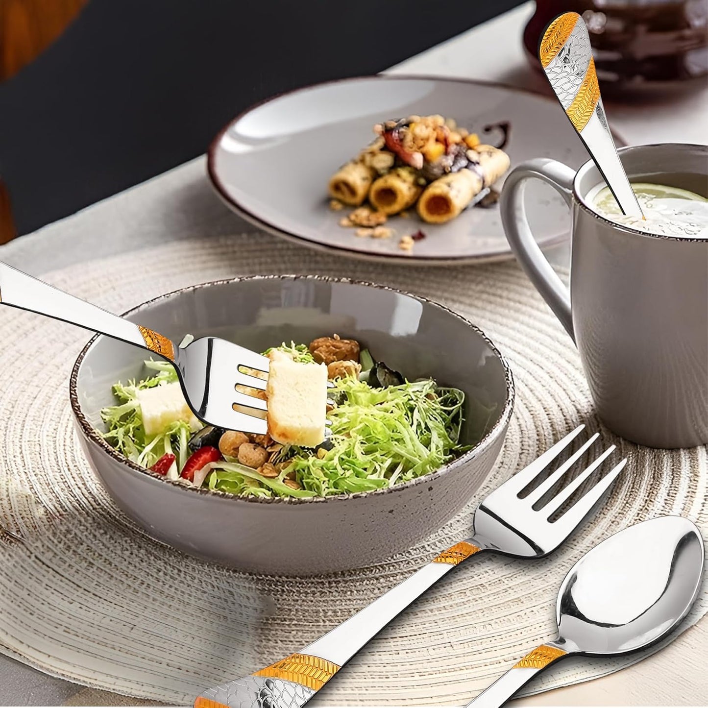 12pc Stainless Steel 24k Gold Cutlery | 16cm Spoons & Forks | Dining
