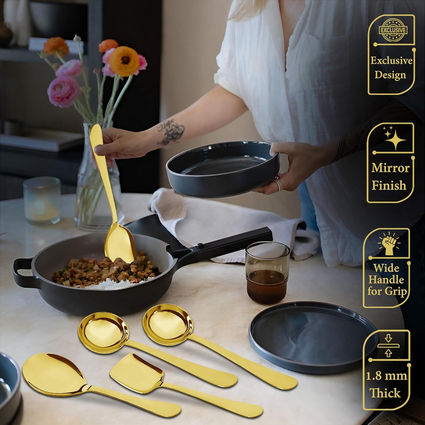 5 Pcs Stainless Steel Gold Serving Spoon Set for Kitchen & Dining – 1.8mm Heavy Gauge, Soup Ladle, Solid & Rice Spoon (Pack of 5)