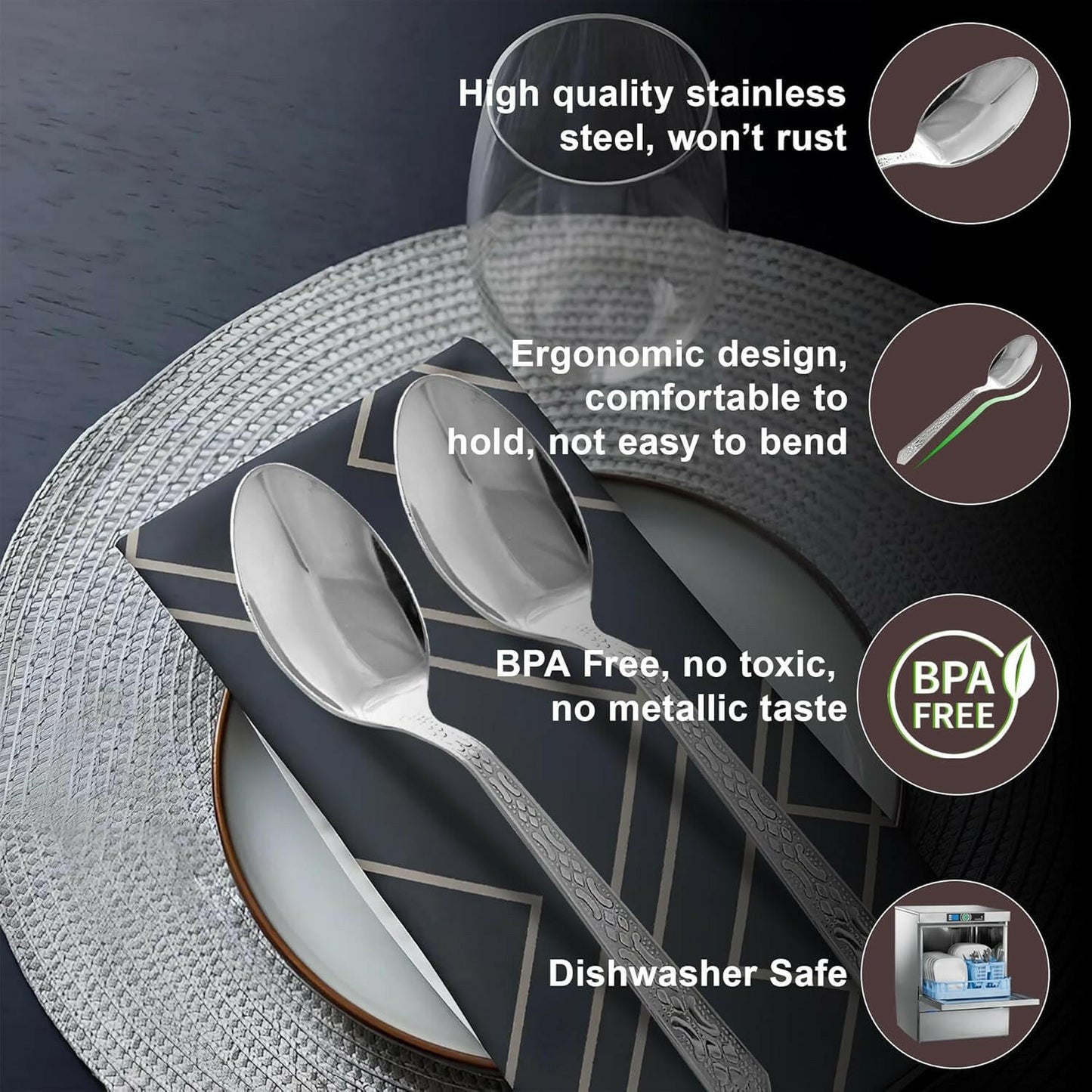 12 Pieces Stainless Steel Dinner Spoon | 15.5cm Long Cutlery, Silver
