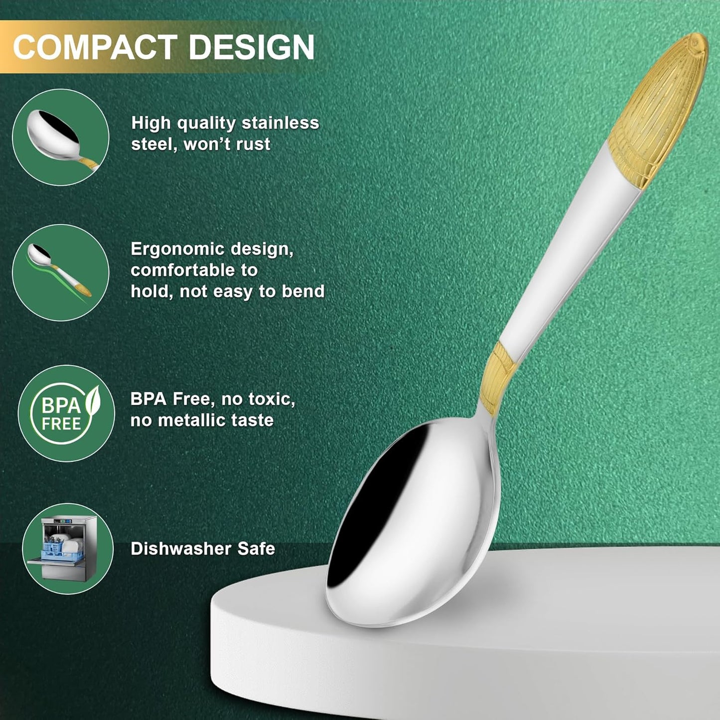 6 Pieces Stainless Steel 24k Golden Spoons Set, 18 cm Long, Premium Spoons for Home & Kitchen, Luxury Dining Tableware Gift for House Warming,24 Karat Gold Plated Big Spoons, Ivory Design