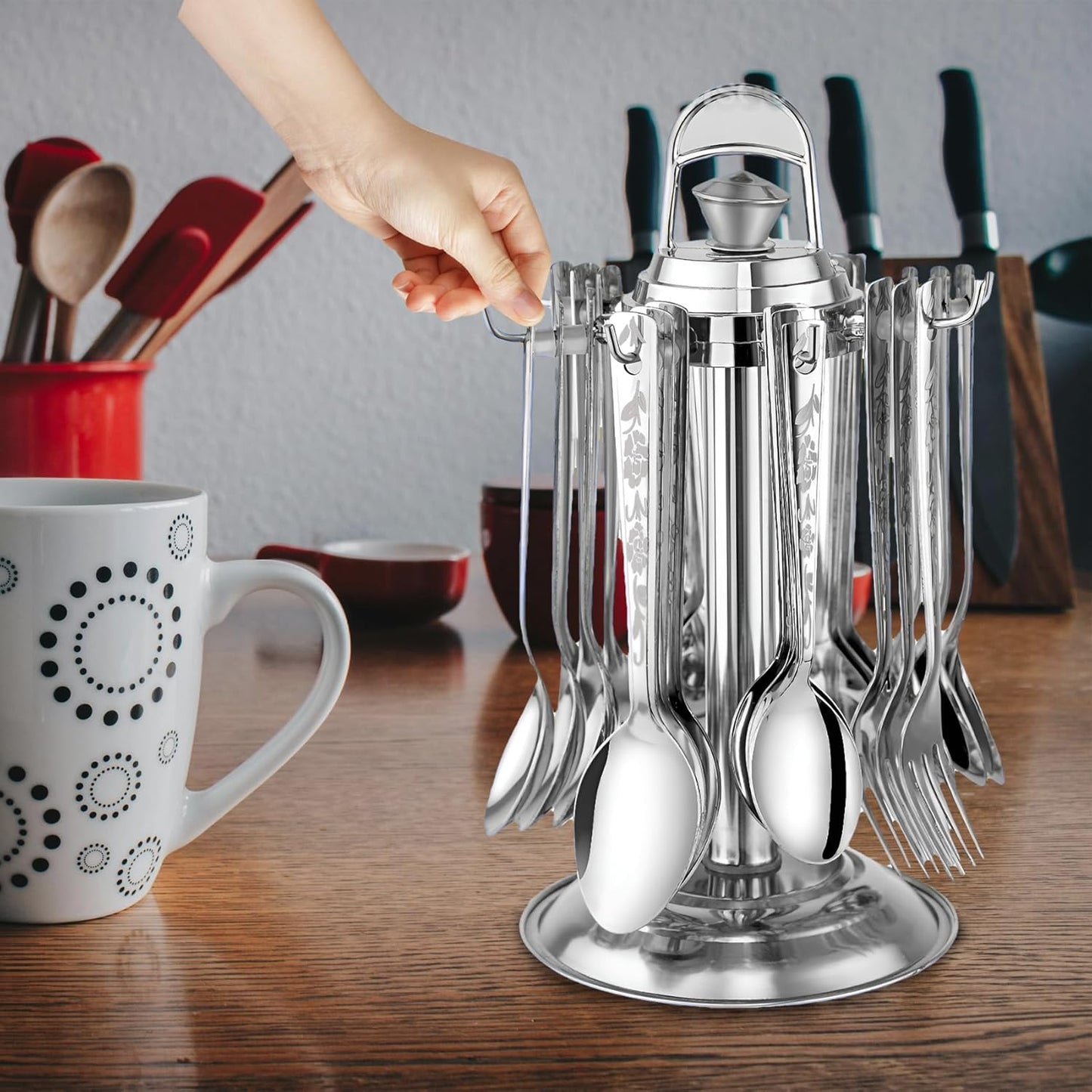 25 Pcs Stainless Steel Cutlery Set with Stand for Home & Kitchen | Silver Tableware