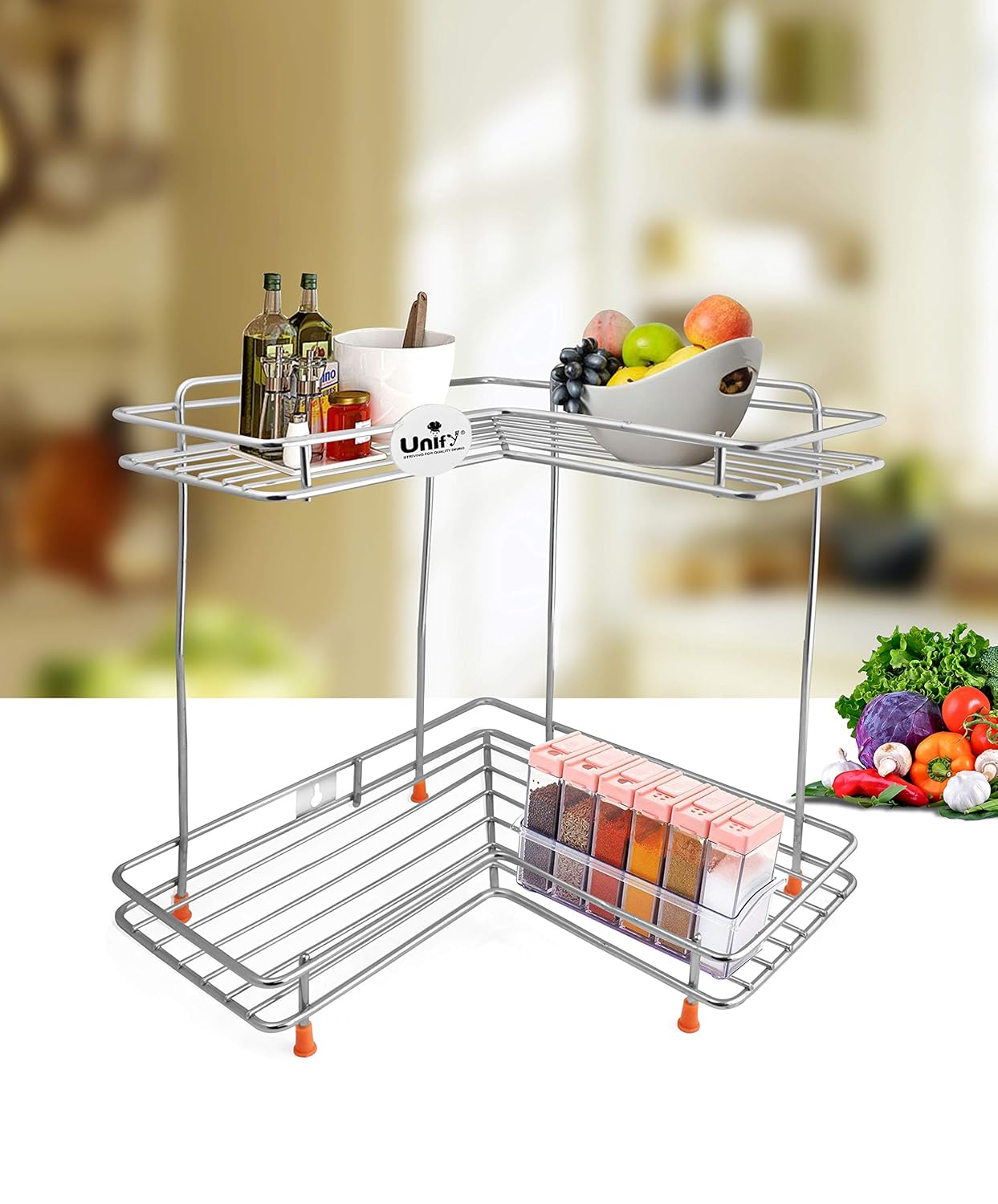 2-Tier Stainless Steel L-Corner Shelf Rack – 31×31×33 cm, Chrome Finish
