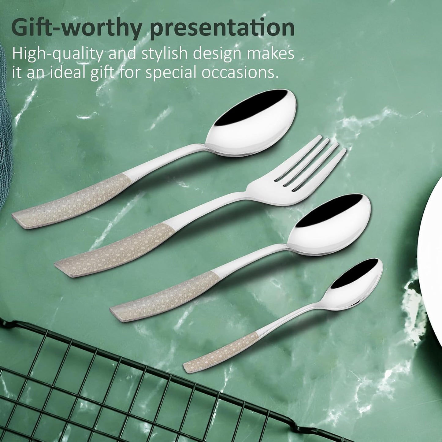 24 Pieces Stainless Steel Premium Cutlery Set for Home & Kitchen – Includes 6 Table Spoons, 6 Table Forks, 6 Dinner Spoons, 6 Tea Spoons, Luxury Dining Tableware, Silver Dazzle Design