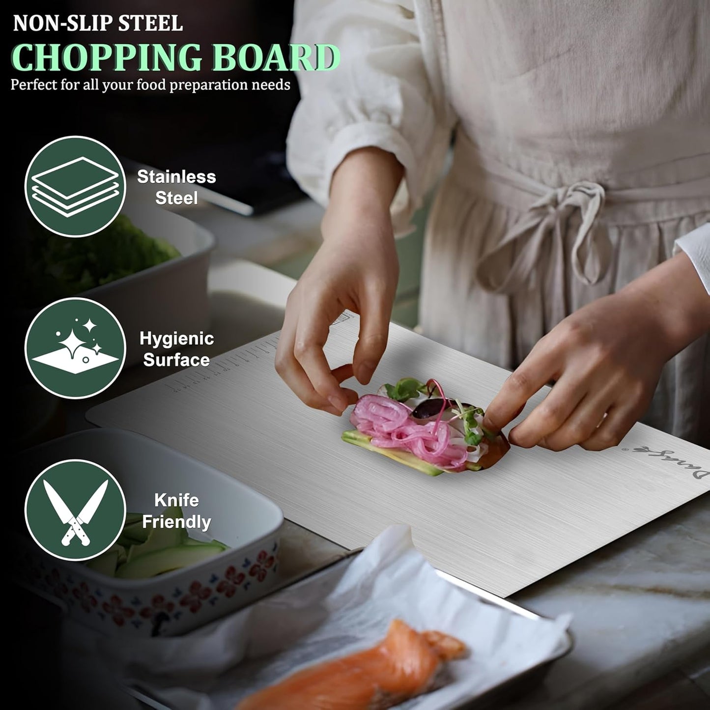 Stainless Steel Countertop Chopping Board with Lip – L-Shape 41x31 cm for Meat, Fruits, Vegetables, Heavy Duty, Rust-Free, Kitchen & Professional Use
