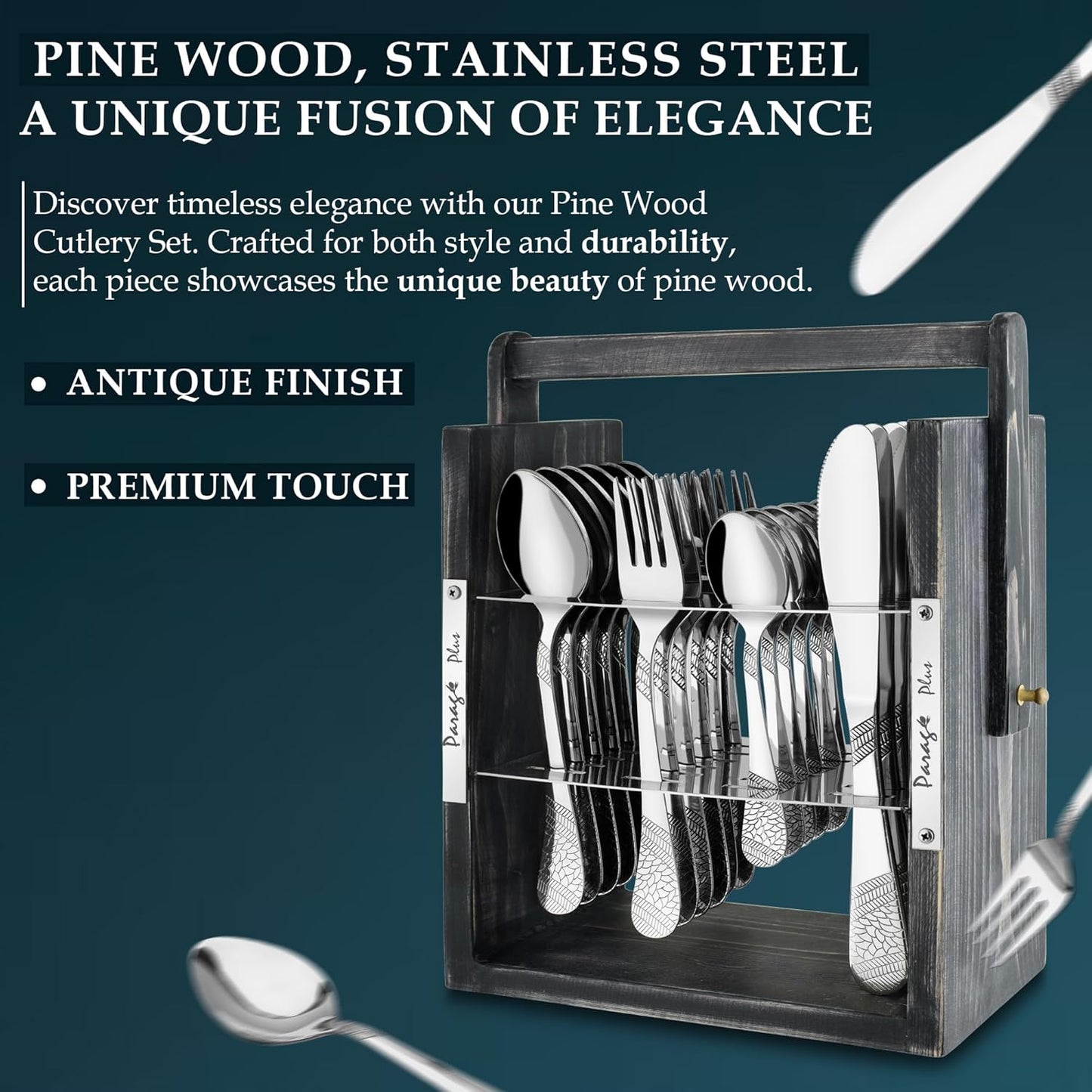25 Pieces Stainless Steel Imperial Cutlery Set with Wooden Hanging Stand – Includes 6 Tea Spoons, 6 Table Spoons, 6 Table Forks, 6 Knives, 24K Gold Plated Spoon Set