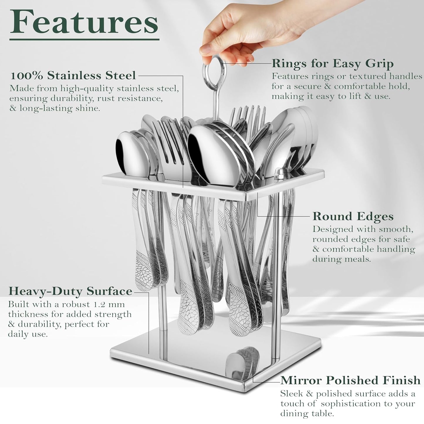 25 Pieces Premium Stainless Steel Cutlery Set – Includes 6 Tea Spoons, 6 Dinner Spoons, 6 Table Forks, 6 Table Spoons, 1 Stand, Perfect for Home & Gifting (Sapphire Imperial)