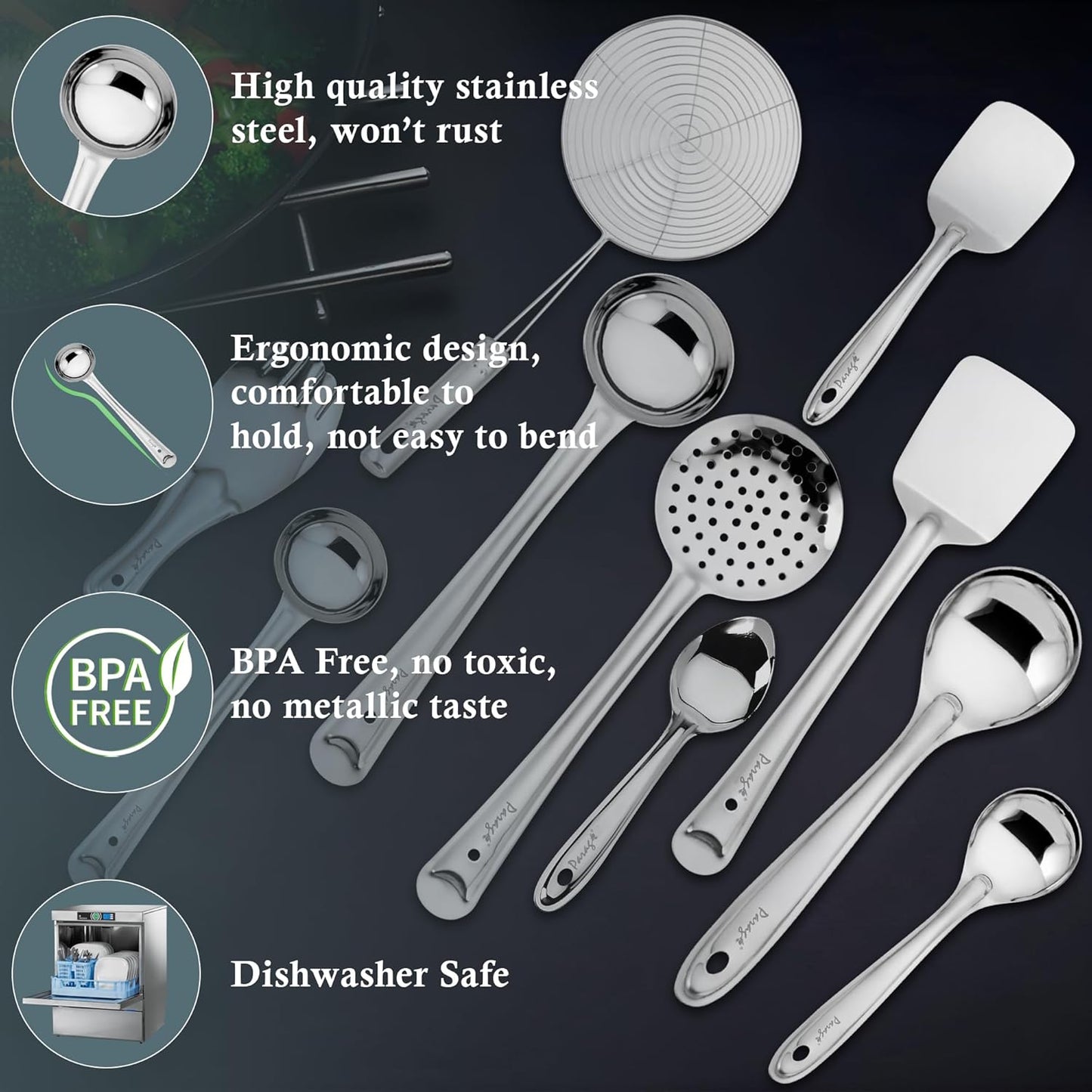 10 Pcs Stainless Steel Cooking Spoons Set for Kitchen – Ladle, Turner, Strainer, Rice Spoon, Oval & Serving Spoons, Essential Home Set