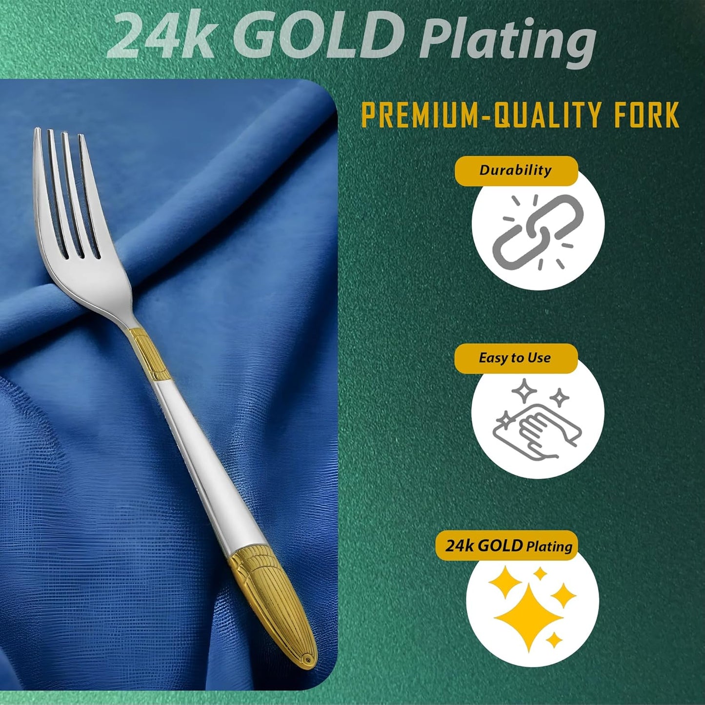6 Pieces Stainless Steel 24K Golden Dinner Forks Set, 16 cm Premium Dining Cutlery with Ivory Design – Luxury Tableware for Home & Kitchen