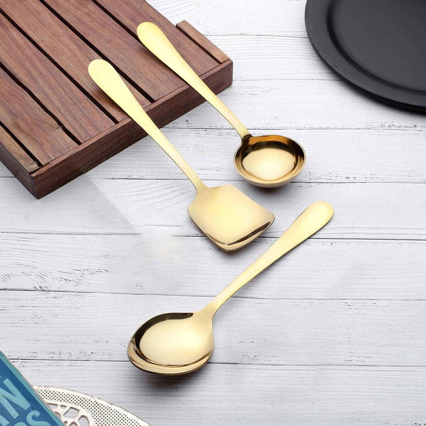 6 Pcs Stainless Steel Gold Serving Spoons Set – Heavy Gauge Kitchen Use