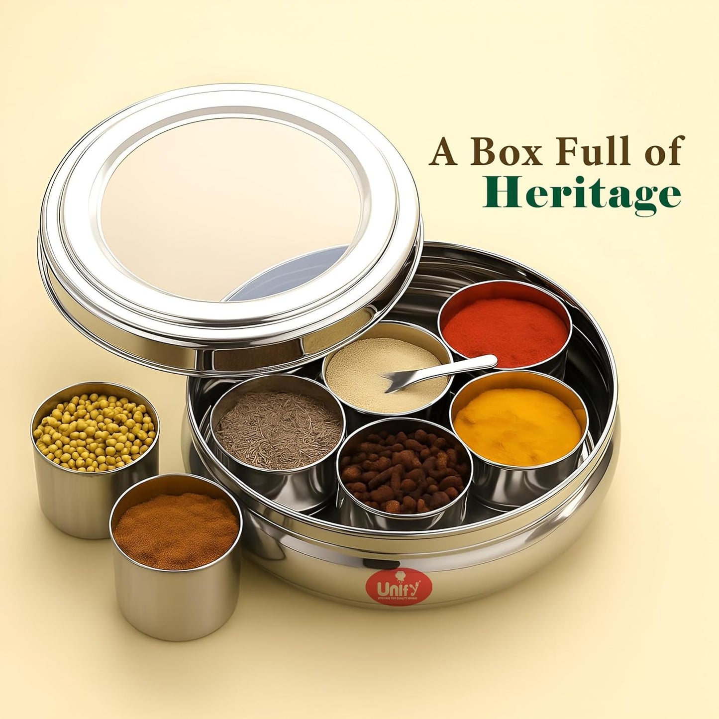 Stainless Steel Masala Box | Airtight Spice Dabba with 7 Containers & Lid (1200 ml, Silver)