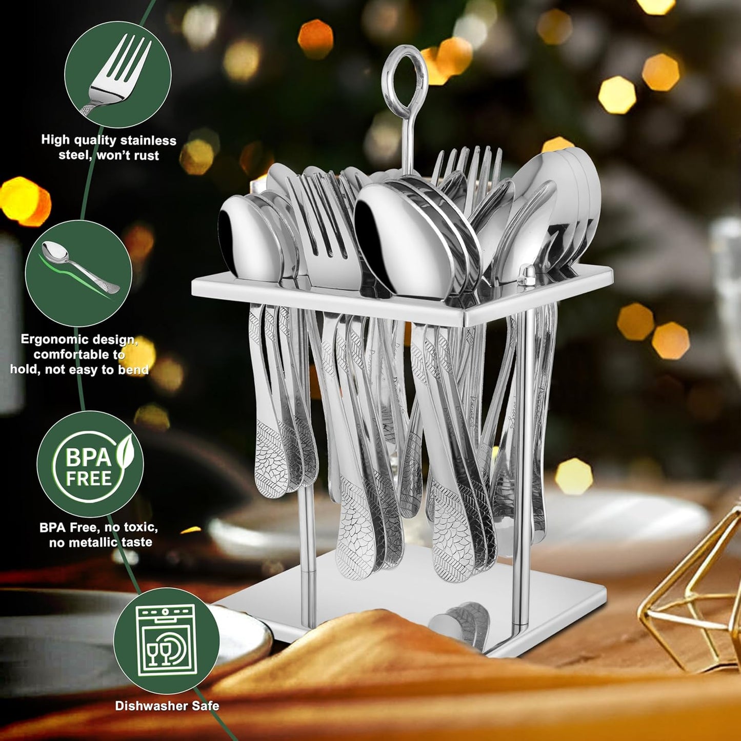 25 Pieces Premium Stainless Steel Cutlery Set – Includes 6 Tea Spoons, 6 Dinner Spoons, 6 Table Forks, 6 Table Spoons, 1 Stand, Perfect for Home & Gifting (Sapphire Imperial)
