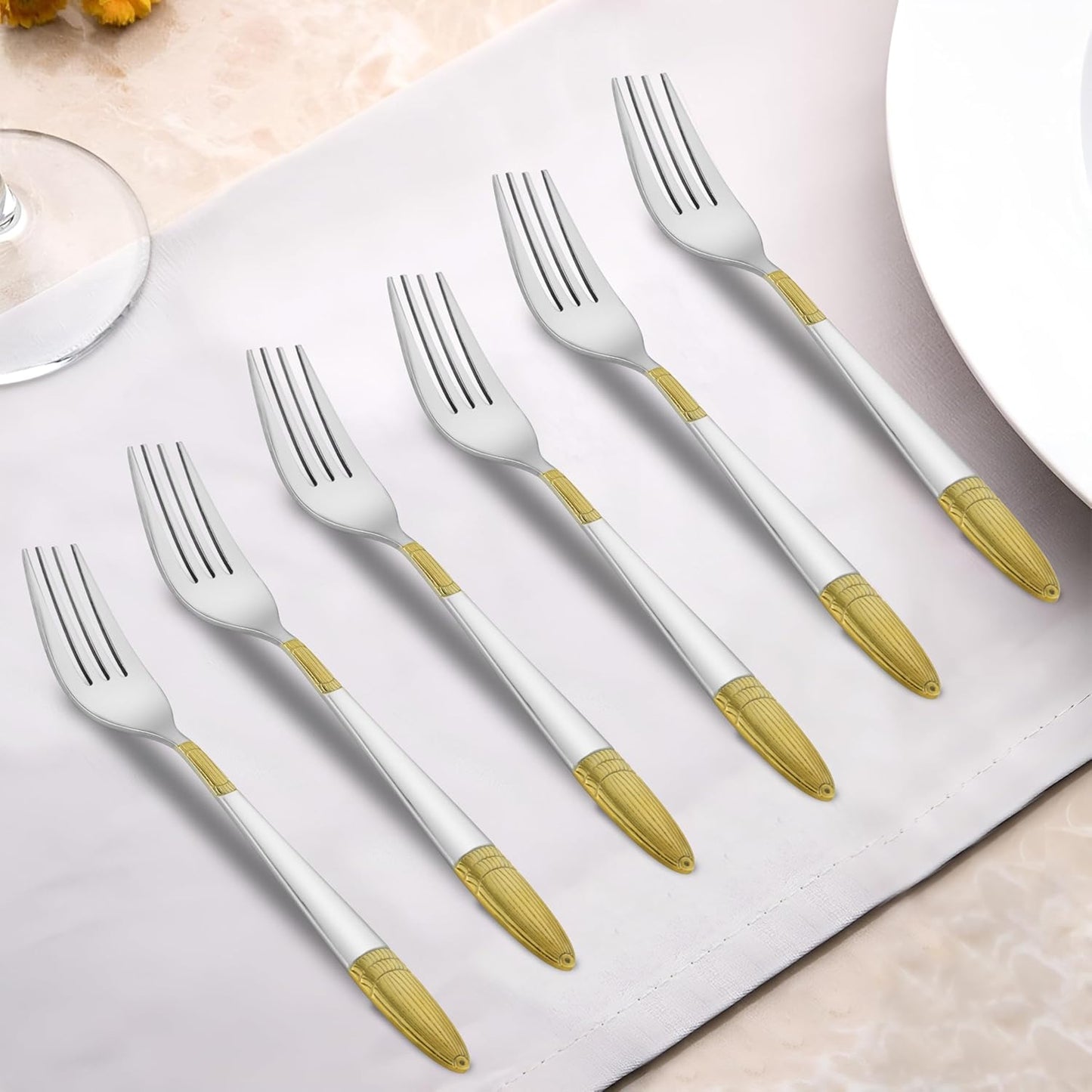 6 Pieces Stainless Steel 24K Golden Dinner Forks Set, 16 cm Premium Dining Cutlery with Ivory Design – Luxury Tableware for Home & Kitchen