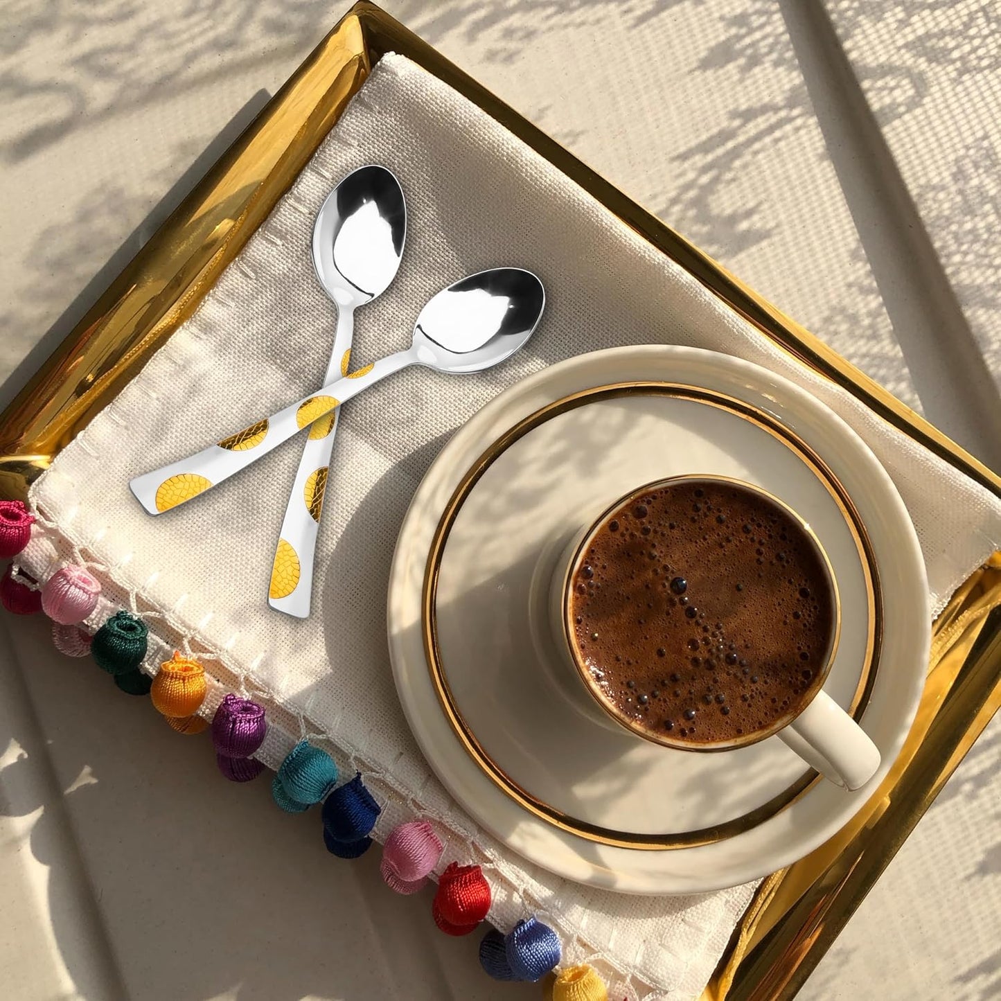 6 Pcs Stainless Steel 24K Gold Tea Spoon Set – 14cm, Premium Small Spoons for Home & Kitchen, Luxury Tableware, Housewarming Gift, Moonpress Design