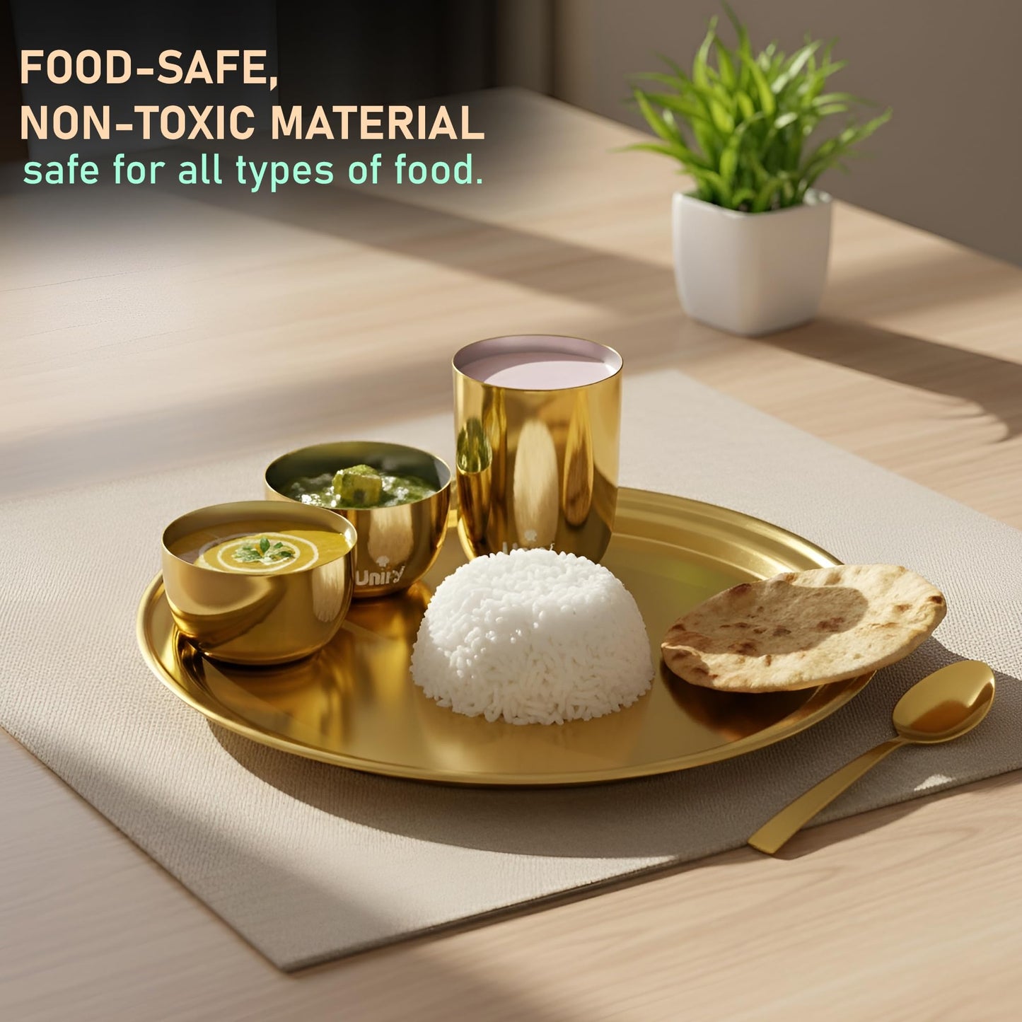 Stainless Steel PVD Gold Plated Thali Set | Premium Dinner Plate with Bowls, Spoon & Glass | Royal Gold Dinnerware for Home, Restaurant & Festive Gifting | Food Grade & Rust Proof