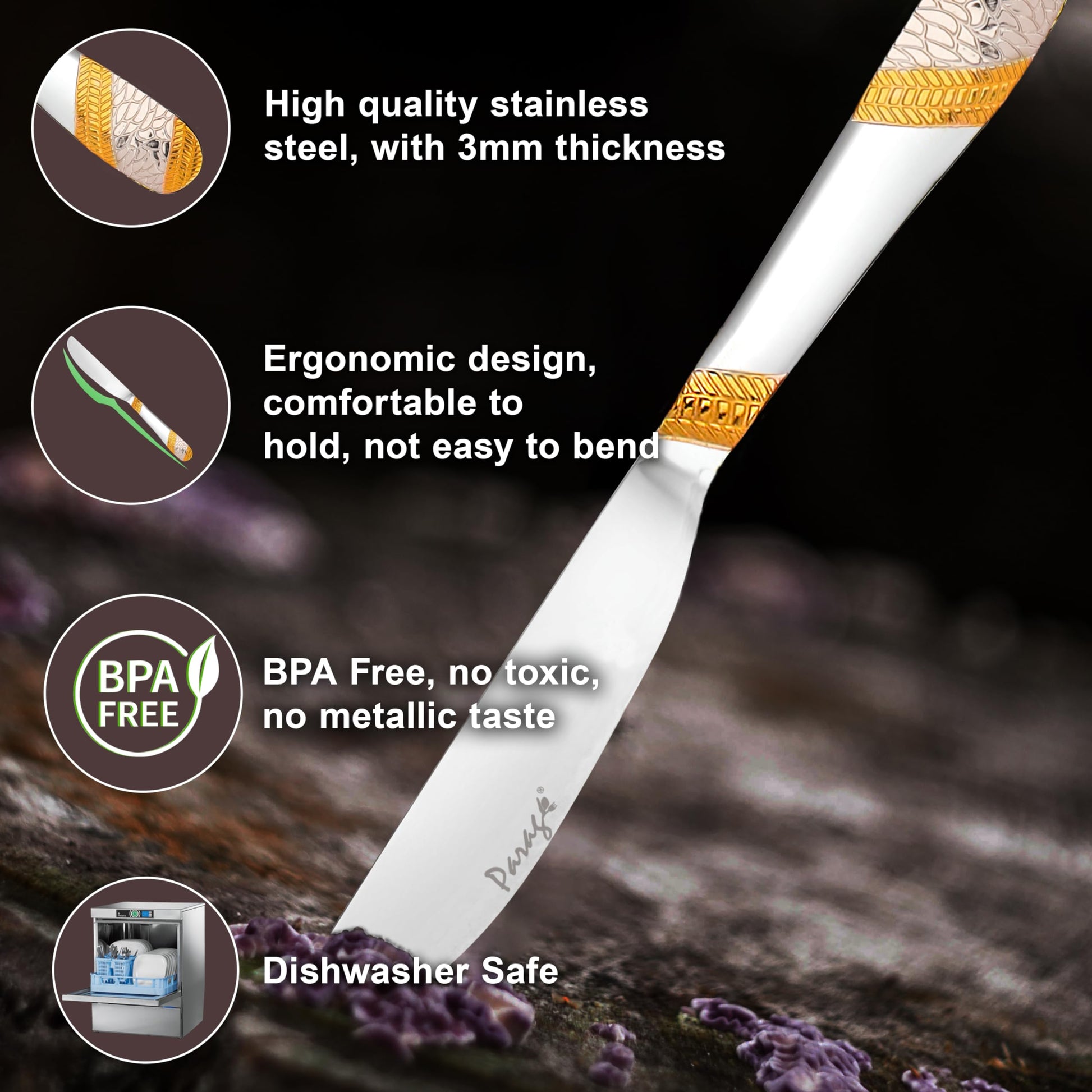 3-Piece Stainless Steel 24k Gold Butter Knife Set, Luxury Dining & Jam Spreader, Gift3PPIMPLDOLDDK1 5