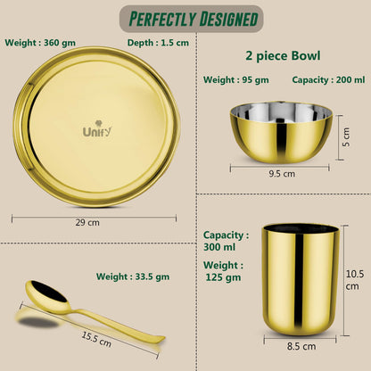 Stainless Steel PVD Gold Plated Thali Set | Premium Dinner Plate with Bowls, Spoon & Glass | Royal Gold Dinnerware for Home, Restaurant & Festive Gifting | Food Grade & Rust Proof
