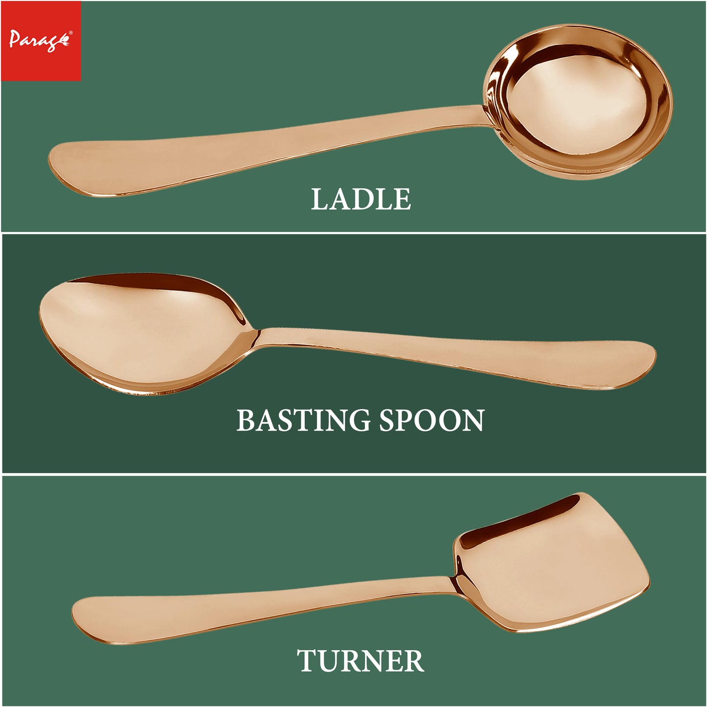 3-Piece Stainless Steel Rose Gold Serving Spoon Set | Heavy Gauge 1.8mm, 1 Soup, 1 Solid & 1 Rice Spoons ROYALPVDRGSS3 3