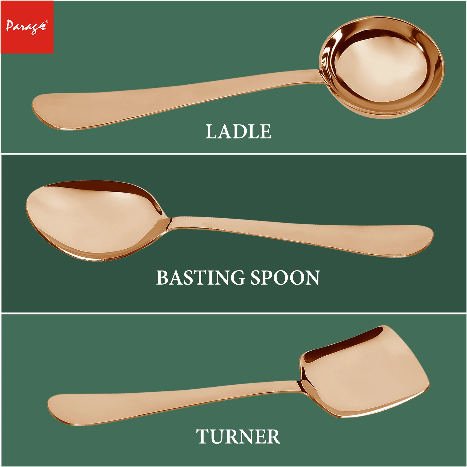 3-Piece Stainless Steel Rose Gold Serving Spoon Set | Heavy Gauge 1.8mm, 1 Soup, 1 Solid & 1 Rice Spoons ROYALPVDRGSS3 3