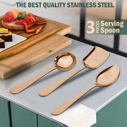3-Piece Stainless Steel Rose Gold Serving Spoon Set | Heavy Gauge 1.8mm, 1 Soup, 1 Solid & 1 Rice Spoons ROYALPVDRGSS3 5