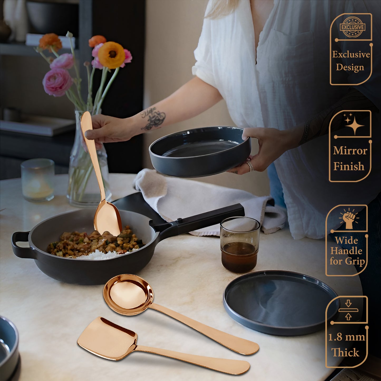 3-Piece Stainless Steel Rose Gold Serving Spoon Set | Heavy Gauge 1.8mm, 1 Soup, 1 Solid & 1 Rice Spoons ROYALPVDRGSS3 6