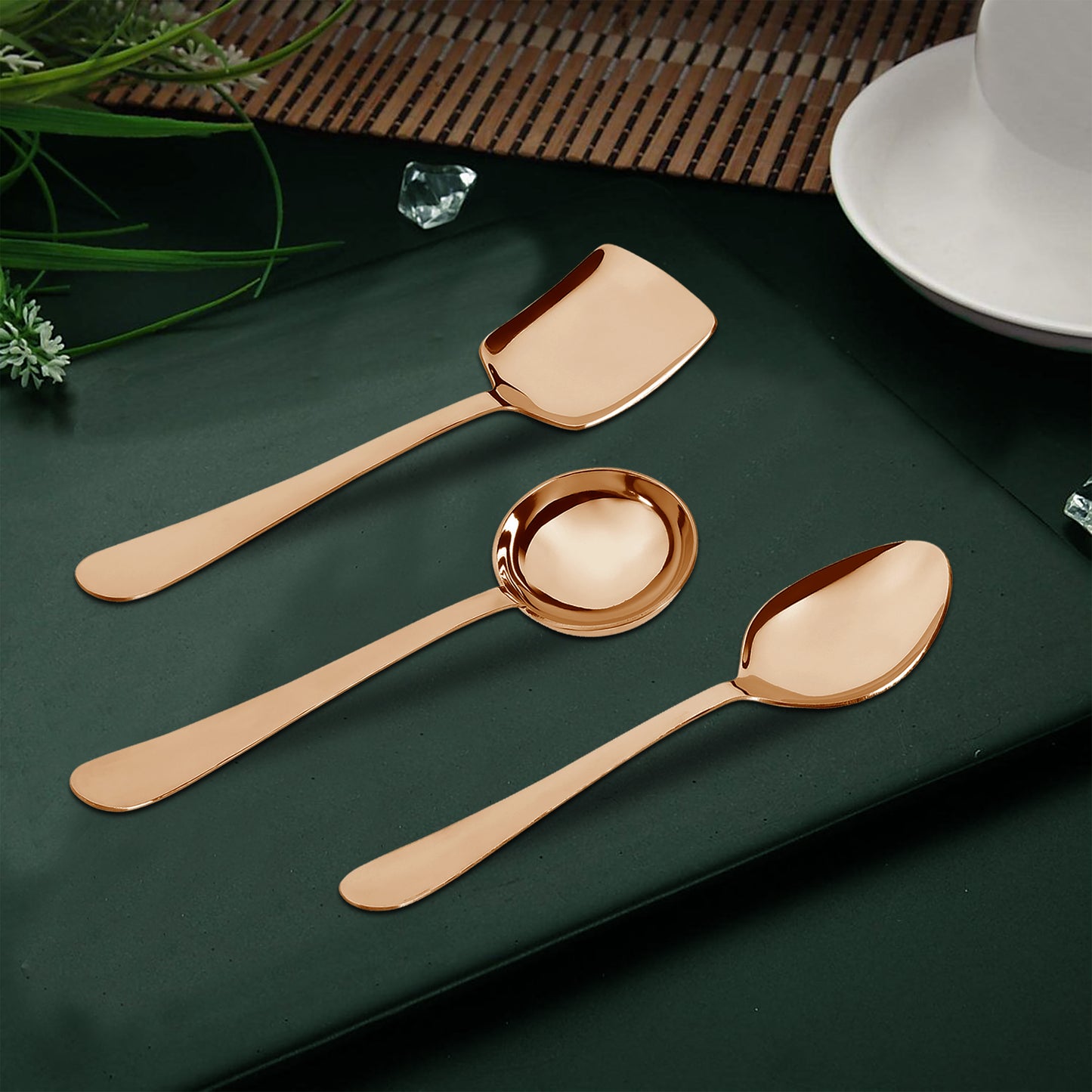 3-Piece Stainless Steel Rose Gold Serving Spoon Set | Heavy Gauge 1.8mm, 1 Soup, 1 Solid & 1 Rice Spoons ROYALPVDRGSS3 7