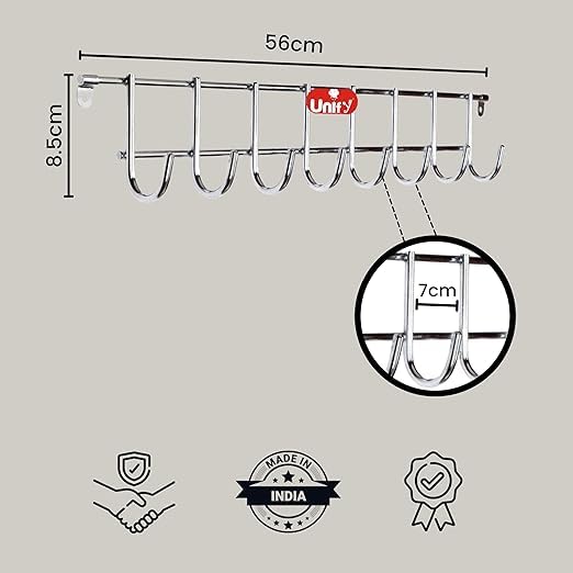 2 Pieces Stainless Steel Wall Cloth Hanger with 8 Hooks, Door Mounted Hook Rail for Bathroom & Kitchen, Silver (Pack of 2)