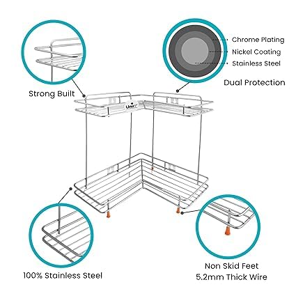 2 Tier Stainless Steel Corner Rack | L Shape Wall Mount Kitchen Shelf