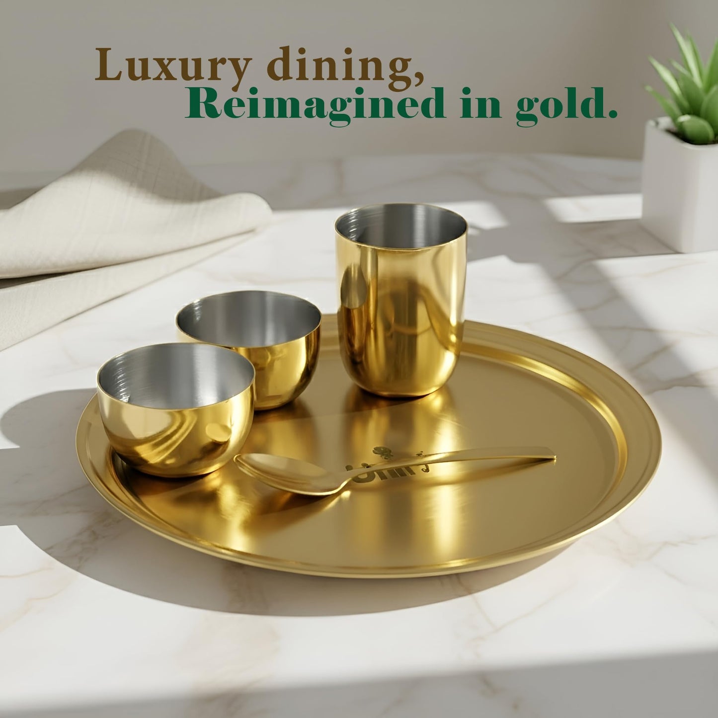 Stainless Steel PVD Gold Plated Thali Set | Premium Dinner Plate with Bowls, Spoon & Glass | Royal Gold Dinnerware for Home, Restaurant & Festive Gifting | Food Grade & Rust Proof