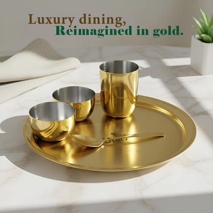 Stainless Steel PVD Gold Plated Thali Set | Premium Dinner Plate with Bowls, Spoon & Glass | Royal Gold Dinnerware for Home, Restaurant & Festive Gifting | Food Grade & Rust Proof