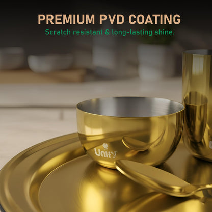 Stainless Steel PVD Gold Plated Thali Set | Premium Dinner Plate with Bowls, Spoon & Glass | Royal Gold Dinnerware for Home, Restaurant & Festive Gifting | Food Grade & Rust Proof
