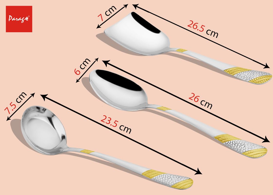 3 Pcs Stainless Steel Gold Serving Spoon Set for Kitchen & Dining – 1.8mm Heavy Gauge, 1 Soup Ladle, 1 Solid & 1 Rice Spoon, 24K Gold (Pack of 3)