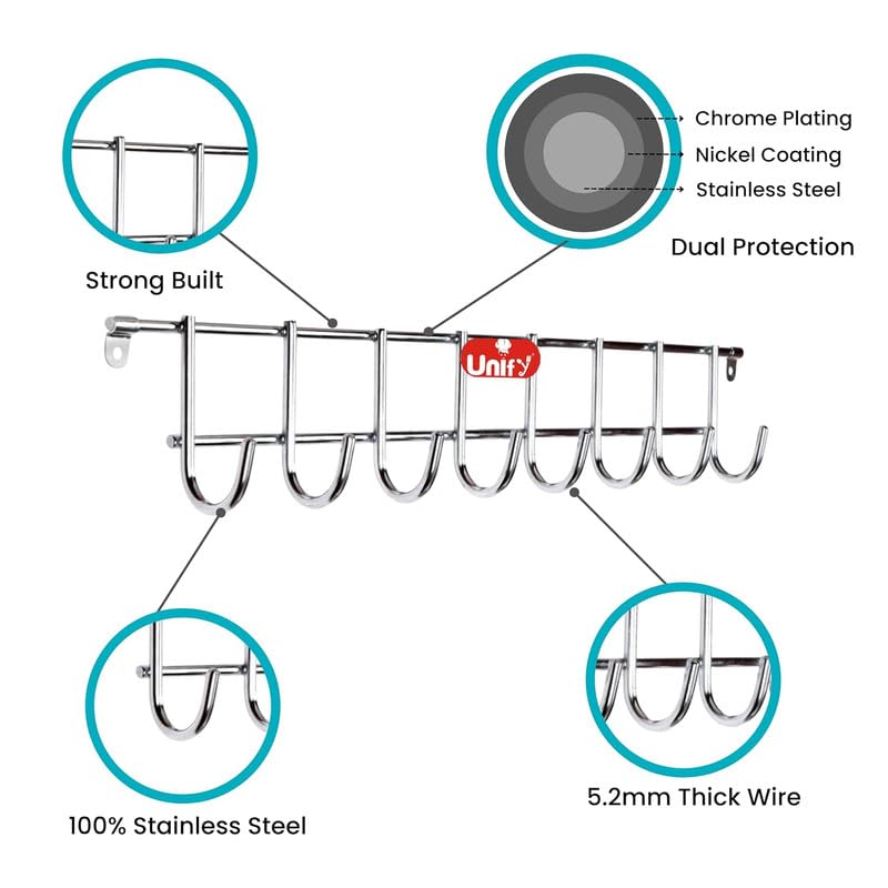 2 Pieces Stainless Steel Wall Cloth Hanger with 8 Hooks, Door Mounted Hook Rail for Bathroom & Kitchen, Silver (Pack of 2)