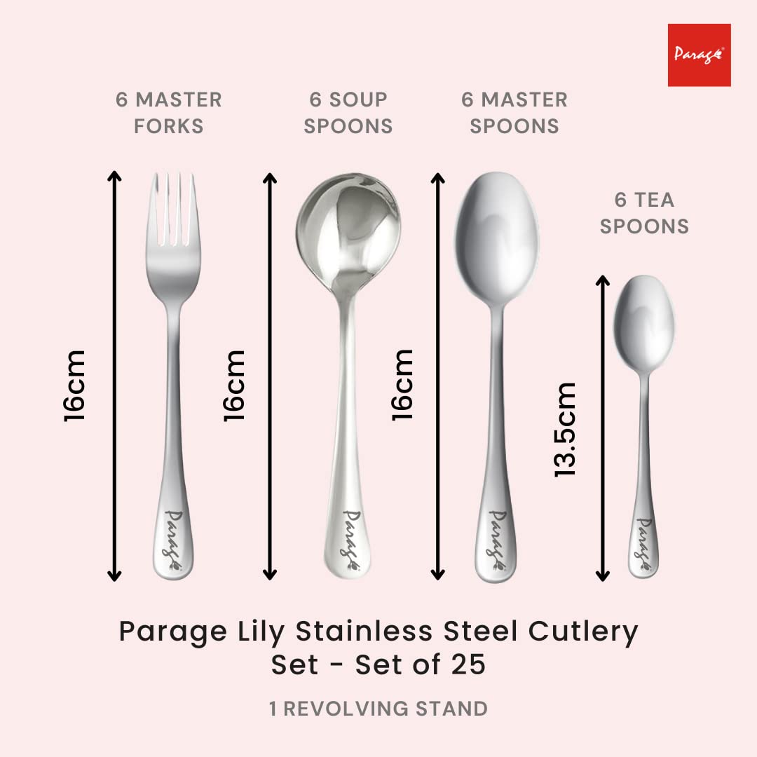 24 Pieces Lily Stainless Steel Cutlery Set with Stand – Includes 6 Dinner Spoons, 6 Tea Spoons, 6 Dinner Forks, 6 Soup Spoons, Stylish Mirror Polished Spoon Set for Dining Table