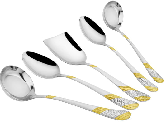 5 Pcs Stainless Steel Gold Serving Spoon Set for Kitchen & Dining – 1.8mm Heavy Gauge, 2 Soup Ladles, 2 Solid & 1 Rice Spoon, 24K Gold (Pack of 5)