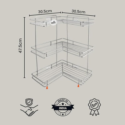 3 Tier Stainless Steel Corner Kitchen Rack | L Shape Storage Shelf Organizer