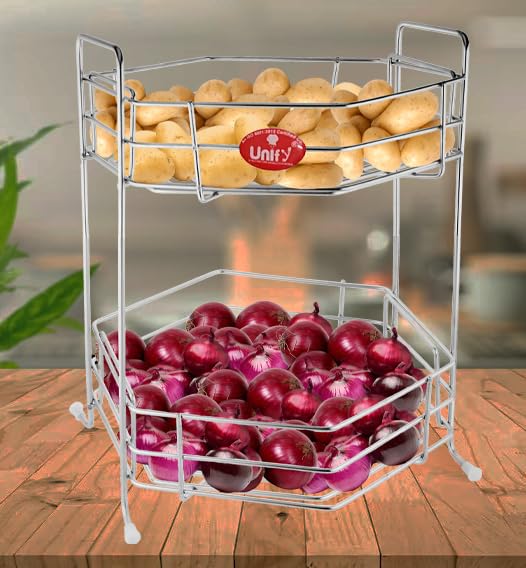 Stainless Steel 2 Tier Fruits and Vegetables Basket for Kitchen Storage, Rack Organizer for Home & Pantry (Hexa)