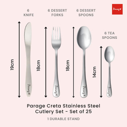 25 Pieces Creta Stainless Steel Cutlery Set for Home & Kitchen – Includes 6 Table Spoons, 6 Forks, 6 Tea Spoons, 6 Knives, 1 Stand, Stylish Spoon Set for Dining Table, Silver