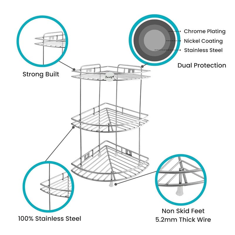 3-Tier Stainless Steel Kitchen Rack – Multipurpose Corner Shelf & Organizer for Kitchen, Vegetable Stand & Storage, 23×23×48 cm