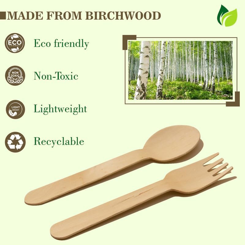 100 Pcs Disposable Wooden Spoons & Forks | 160mm, Eco-Friendly, Biodegradable | Party, Wedding