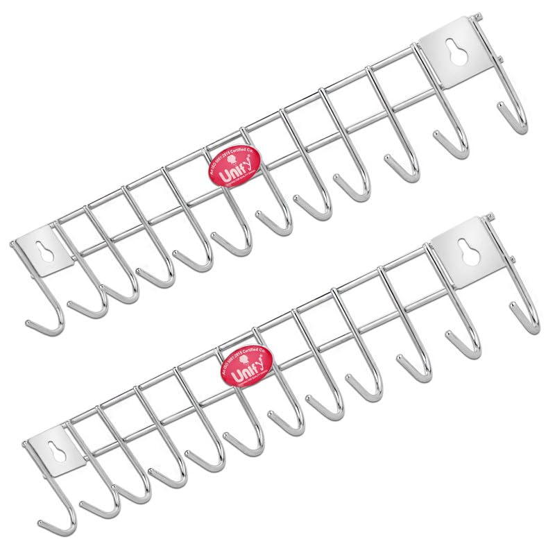 2 Pieces Stainless Steel Wall Cloth Hanger with 12 Hooks, Door Mounted Hook Rail for Bathroom & Kitchen, Silver (Pack of 2)