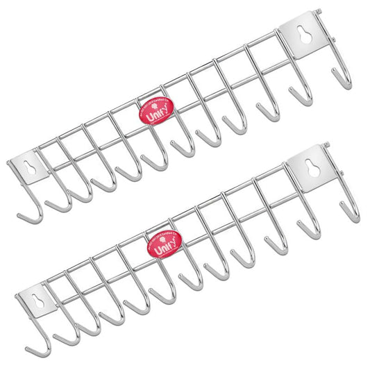 2 Pieces Stainless Steel Wall Cloth Hanger with 12 Hooks, Door Mounted Hook Rail for Bathroom & Kitchen, Silver (Pack of 2)