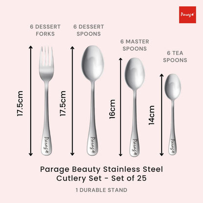 25pc Stainless Steel Beauty Cutlery | Spoons Forks Stand | Silver