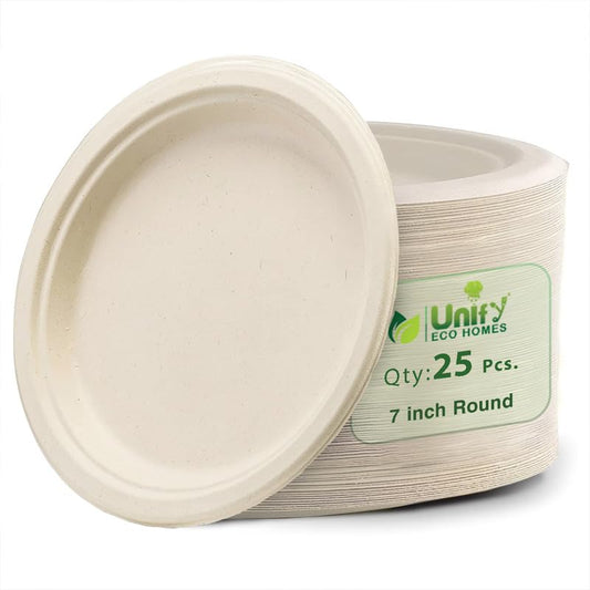 25pc Bagasse Plates | 7in Eco-Friendly Disposable | White